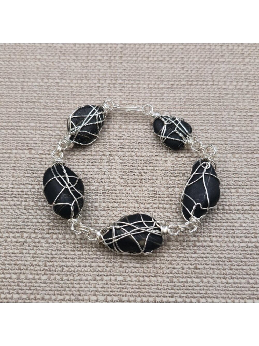 9 Inch Handmade Wire Wrapped Black River Stone Pebble Link Bracelet B1595